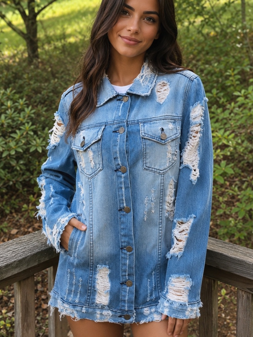 HP🎉 . GJG Denim Medium Wash Super Distressed Denim Button Up Jacket